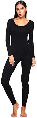 WiWi Thermal Underwear Set for Women Long Johns Sets Super Warm Base Layer Top Pants Pajamas Set Viscose from Bamboo S-3X, Black, Small