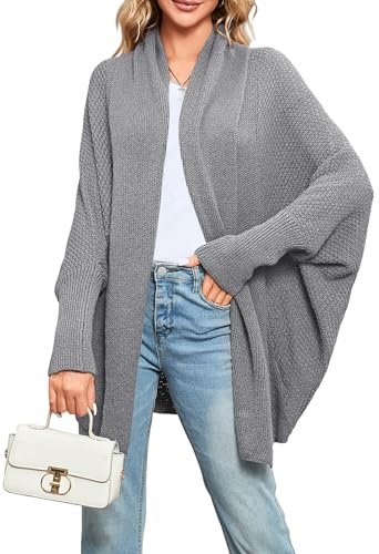 Women's Oversized Cardigans Kimono Batwing Long Sleeve Cable Knit Open Front Slouchy Wrap Chunky Cardigan Sweaters Fall Coat Gray L
