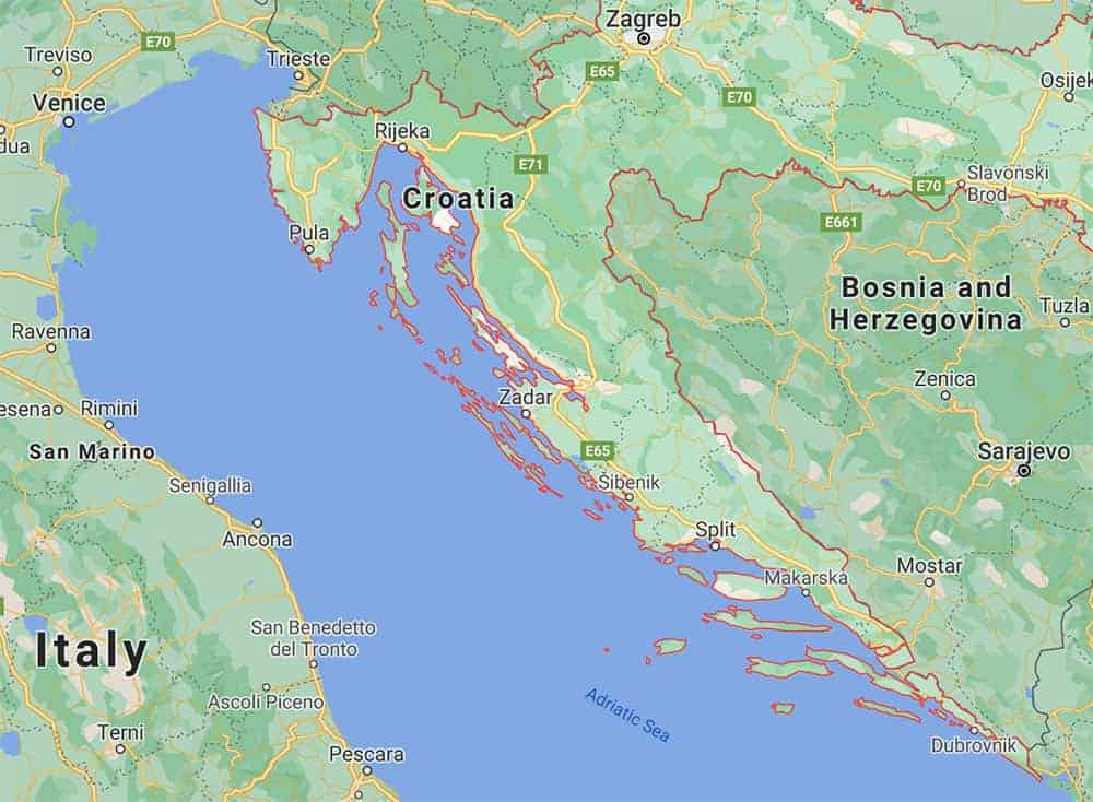Croatia map featuring Pula, Zadar, Split and Dubrovnik