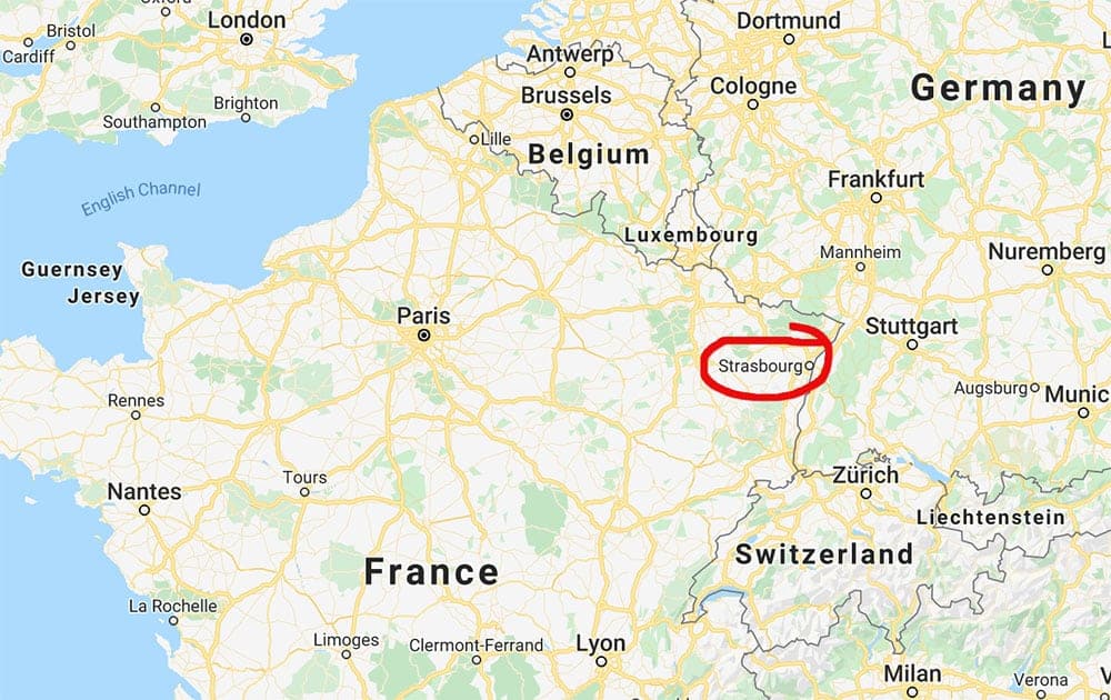 Strasbourg, France, on the map. It can be found near the German-French border, with Stuttgart as its closest neighboring major city.