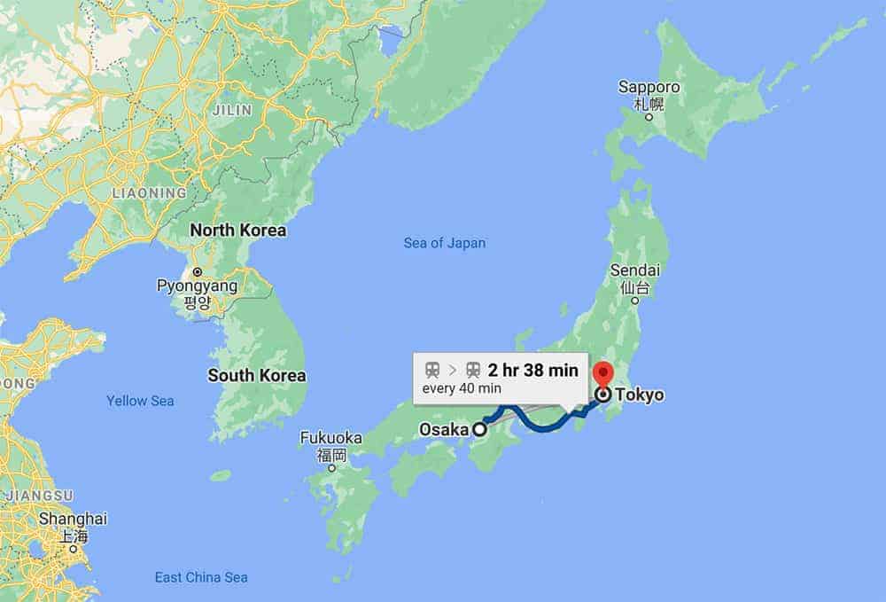 Tokyo to Osaka map